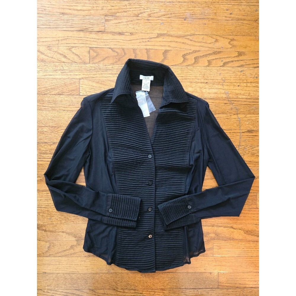 VTG Y2K Cache Button Front Long Sleeve Pleated Blouse Black Size 6 NWT - Picture 2 of 7